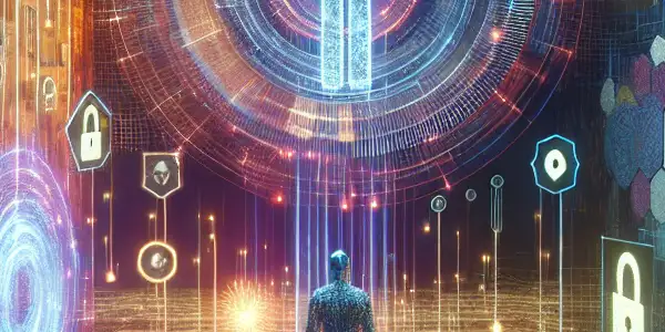 A modern digital landscape symbolizing safe browsing for adult content, featuring abstract representations and security elements.