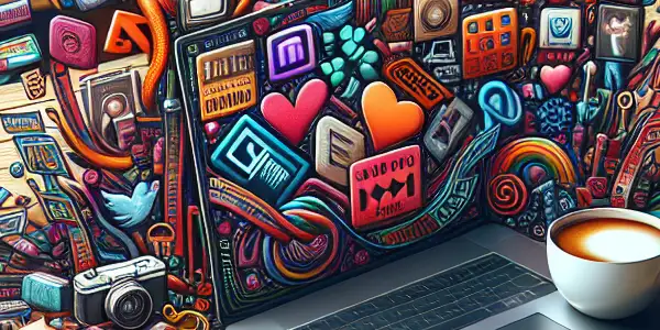 A cozy study scene with a laptop, colorful bookmarks, coffee, and books, subtly hinting at adult themes.