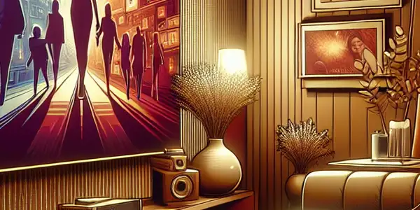 A modern living room with a large TV, ambient lighting, plush furniture, and hints of technology for a cozy movie night.