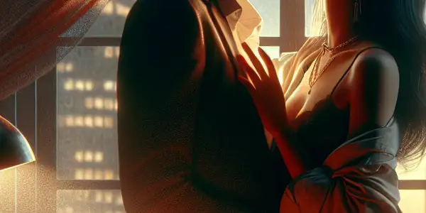 A romantic office scene featuring an intimate couple, soft lighting, and symbols of passion and desire.