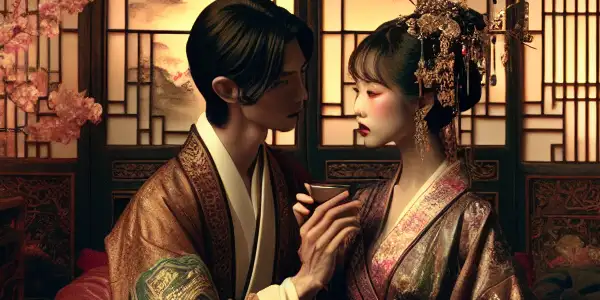 A couple in traditional East Asian attire share an intimate moment in a richly decorated interior filled with romantic symbolism.