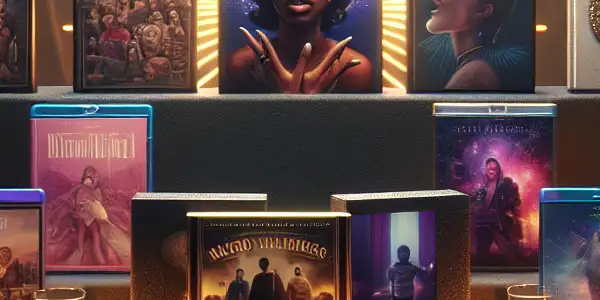 A sophisticated display of 2023 adult film packaging, featuring elegant DVD and Blu-ray cases with vibrant cover art.