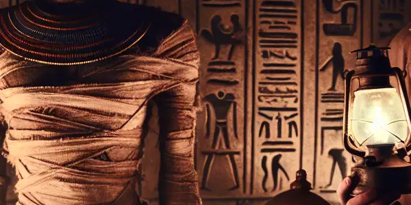 A haunting mummy in an ancient Egyptian tomb, surrounded by artifacts, while an adventurous archaeologist explores the mysterious scene.