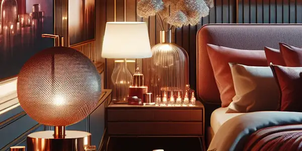 A modern, romantic bedroom featuring soft lighting, elegant intimacy items, and a tasteful adult film backdrop.