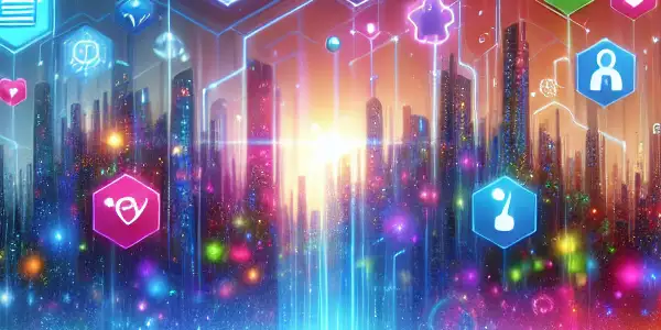 A vibrant digital landscape featuring a futuristic skyline, interactive adult entertainment icons, and playful character silhouettes.