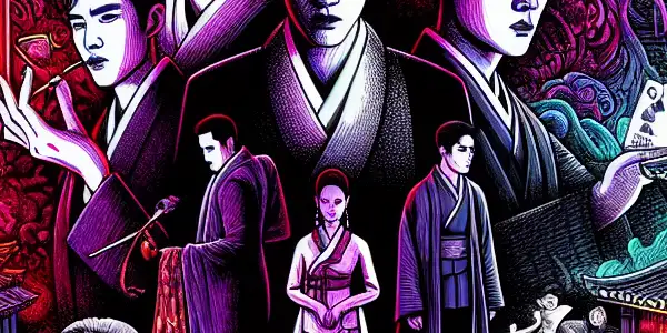 A dramatic cityscape at twilight with characters symbolizing social hierarchy, desire, and conflict in a tense interaction.