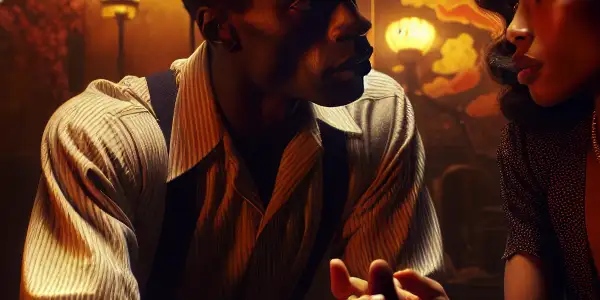 A dimly lit room with two characters engaged in an intense conversation, highlighting passion and desire.