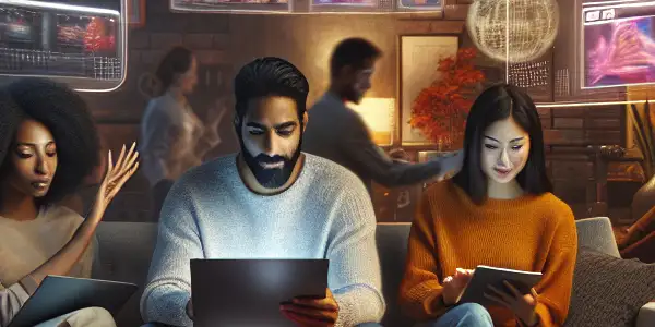 A diverse group of people browsing futuristic devices in a cozy living room focused on online adult entertainment shopping.