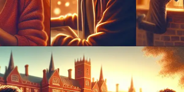 A diverse group of young adults in a university setting, expressing emotions of joy, nostalgia, and longing.