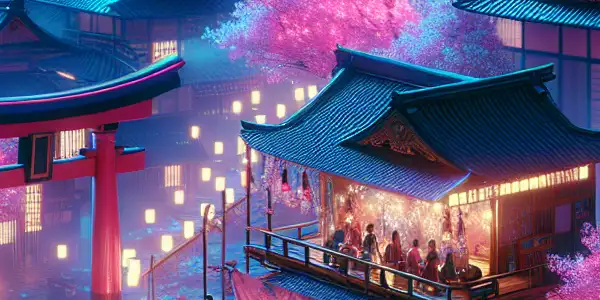 A vibrant, neon-lit Tokyo cityscape featuring a film crew on a romantic set, blending traditional and modern elements.