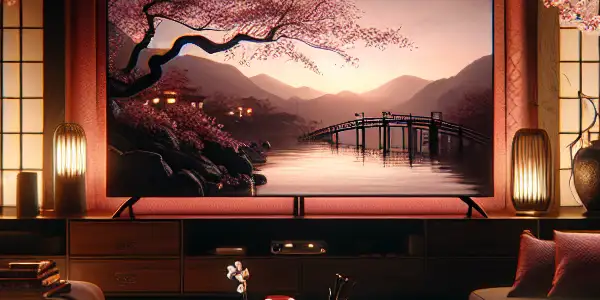 A cozy, dimly lit room showcasing a modern TV displaying an artistic adult film, surrounded by Japanese decor.