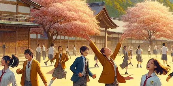 A lively group of diverse students in traditional Japanese uniforms enjoying activities on a sunny school campus.