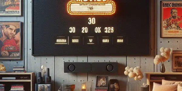 A cozy modern living room adorned with film posters, a movie interface, and popcorn on the sofa.