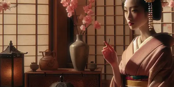 A captivating actress in a traditional kimono, set in an elegant Japanese film-inspired room with ambient lighting.