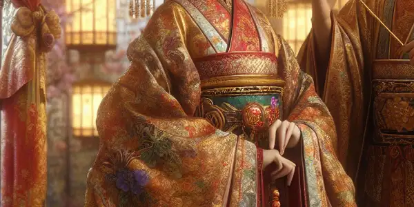 A romantic scene in an opulent bedroom featuring two figures in traditional attire, surrounded by cherry blossoms and soft lighting.