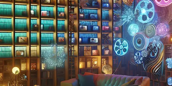 A surreal digital library showcasing illuminated video boxes and film reels, emphasizing privacy and intimacy in adult content exploration.