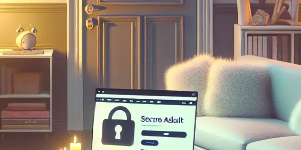 A cozy living room with a laptop displaying a safe browsing interface, surrounded by elements symbolizing privacy and comfort.
