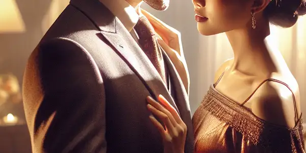 A romantic scene in a luxurious room with two characters expressing connection and passion amidst elegant decor.