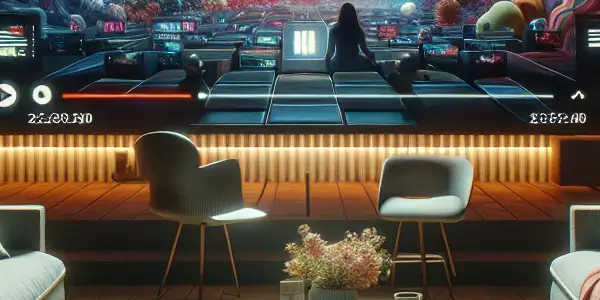 A cozy living room with a large screen displaying abstract visuals, snacks, and modern tech for a relaxed movie night.