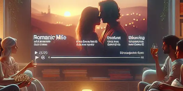 A cozy living room scene with friends watching a romantic movie, surrounded by classic films and snacks.