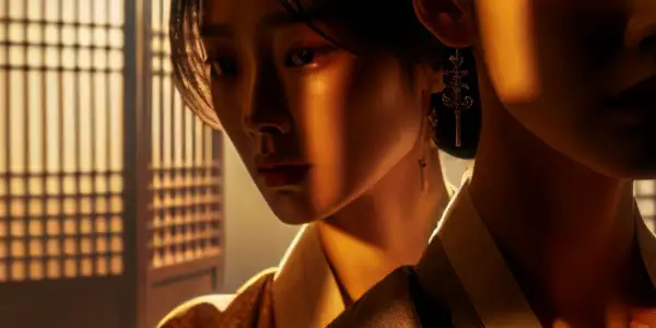 A dimly lit room featuring a conflicted housewife and a mysterious woman, symbolizing desire and emotional turmoil.