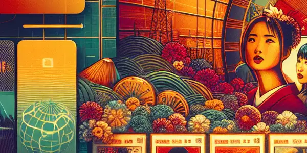 A vibrant digital interface for an adult film platform, featuring classic Japanese cinema aesthetics and a cozy home theater setting.