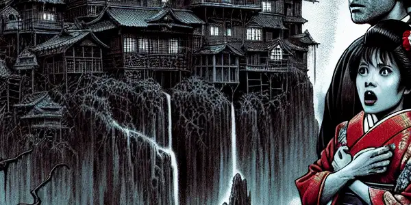 A group of adventurers faces a haunted mansion on a misty, eerie island, evoking horror and desire.