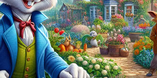 Peter Rabbit and friends playfully explore a vibrant garden filled with flowers and vegetables near a quaint cottage.