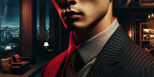 A young man in a luxurious mansion grapples with scandal and moral dilemmas amid shadows and media scrutiny.