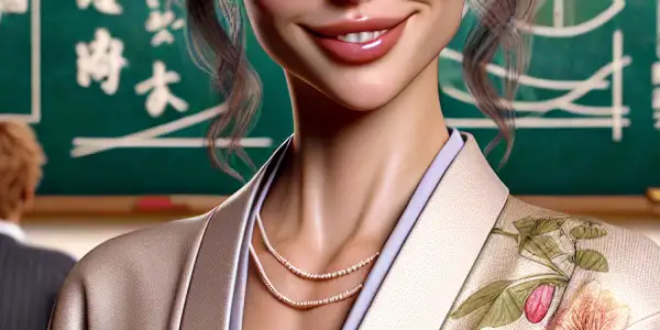 A stylish Japanese teacher in a modern classroom captivates students, blending traditional attire with contemporary elements.