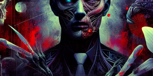 A grotesque humanoid figure in a dark, surreal setting, blending horror and eroticism with blood splatters and flowers.