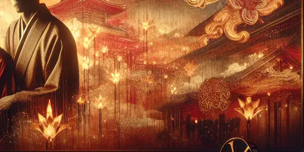 A stylish couple shares a moment in a dimly lit cinema, surrounded by rich colors and cultural motifs.