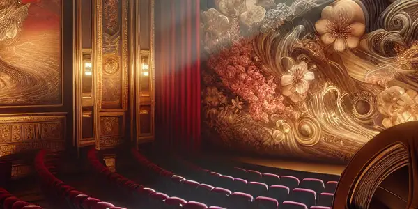A luxurious theater scene showcasing an abstract film reel, cherry blossoms, and a figure watching intimate narratives unfold.