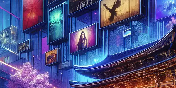 A modern digital interface showcasing diverse Japanese adult film thumbnails against a sleek, neon-lit background.