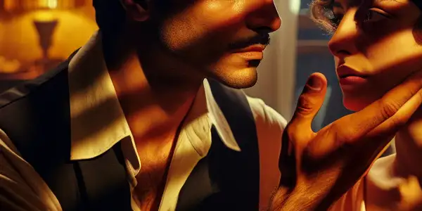 A dimly lit room with two characters sharing a tense, intimate moment filled with longing and secrecy.