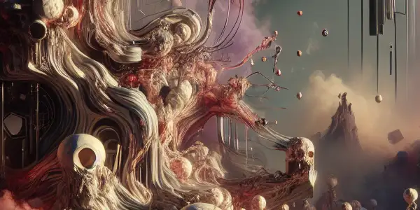 A dimly lit, abstract space with fragmented mirrors and shadows, exploring themes of violence and sexuality.