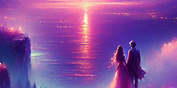 Two lovers embrace on a cliff at twilight, overlooking a shimmering ocean under a starry sky.