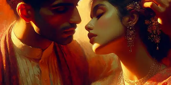 A passionate moment between two lovers in a softly lit room, surrounded by delicate fabrics and warm colors.
