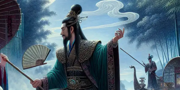 A whimsical river scene featuring a clever female character and a charismatic male strategist amidst bamboo and cherry blossoms.