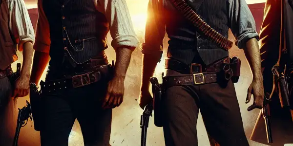 Four rugged police officers chase a shadowy fugitive in a dramatic western landscape at sunset.