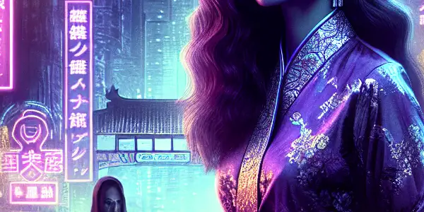 A seductive woman in a neon-lit urban night scene, surrounded by shadowy figures and fog, evokes danger and allure.