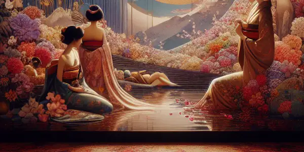 A dimly lit movie theater with diverse viewers captivated by an abstract film on adult themes, featuring plush red seats.