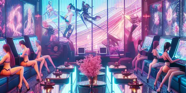 A vibrant adult entertainment hub featuring interactive gaming stations, neon lights, and diverse characters in a modern, immersive environment.