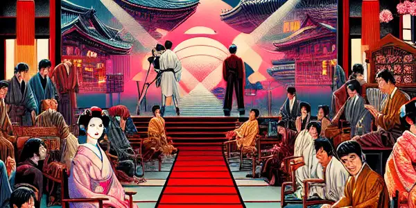 A vibrant 1980s film set featuring characters in elaborate costumes, blending traditional Japanese aesthetics with modern erotic themes.