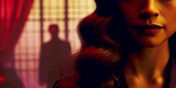 A powerful female figure in a dimly lit room, embodying revenge and desire amidst shadows and tension.